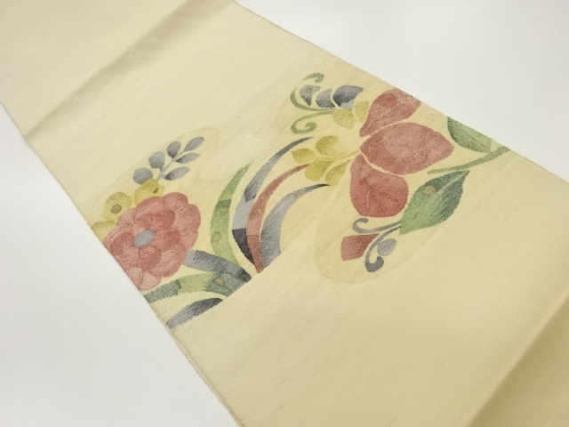 JAPANESE FUKURO OBI / JAPANESE KIMONO / TSUMUGI / WOVEN FLORAL PLANTS
